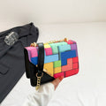 Women’s Small PU LeatherBlack Color Block Square Bag&nbsp; – Magnetic Buckle Shoulder &Crossbody