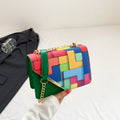 Women’s Small PU Leather Green Color Block Square Bag – Magnetic Buckle Shoulder & Crossbody