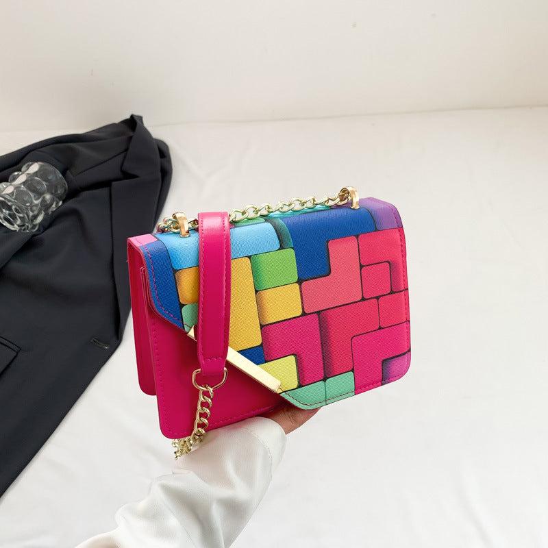 Women’s Small PU Leather Pink Color Block Square Bag – Magnetic Buckle Shoulder & Crossbody  .