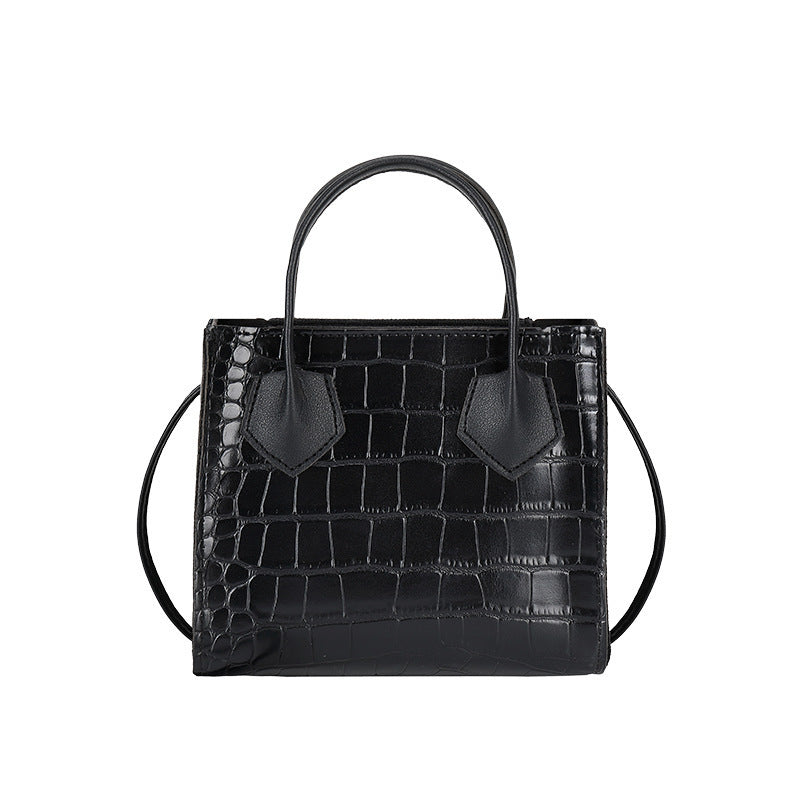 Women’s Small  Black Genuine Leather Fashion Handbag – Crocodile Pattern