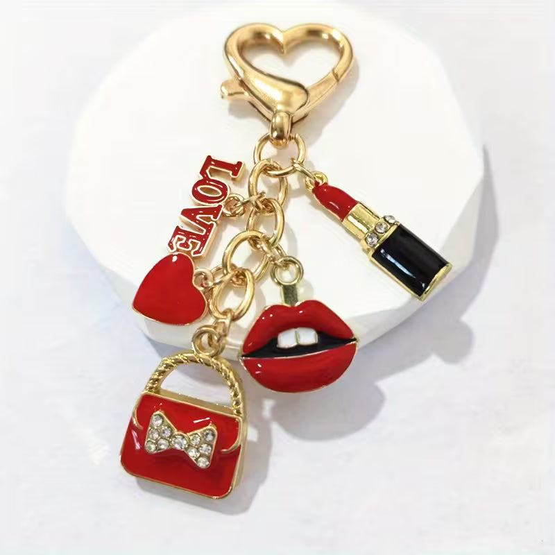 Stylish Red Rhinestone Keychain with Letter &amp; Love Pendants