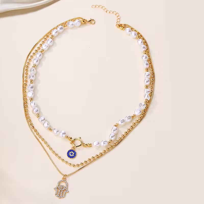Multi-Layer Women’s Necklace – Western-Style Alloy with Rhinestones, Pearl Eye &amp; Palm Pendants