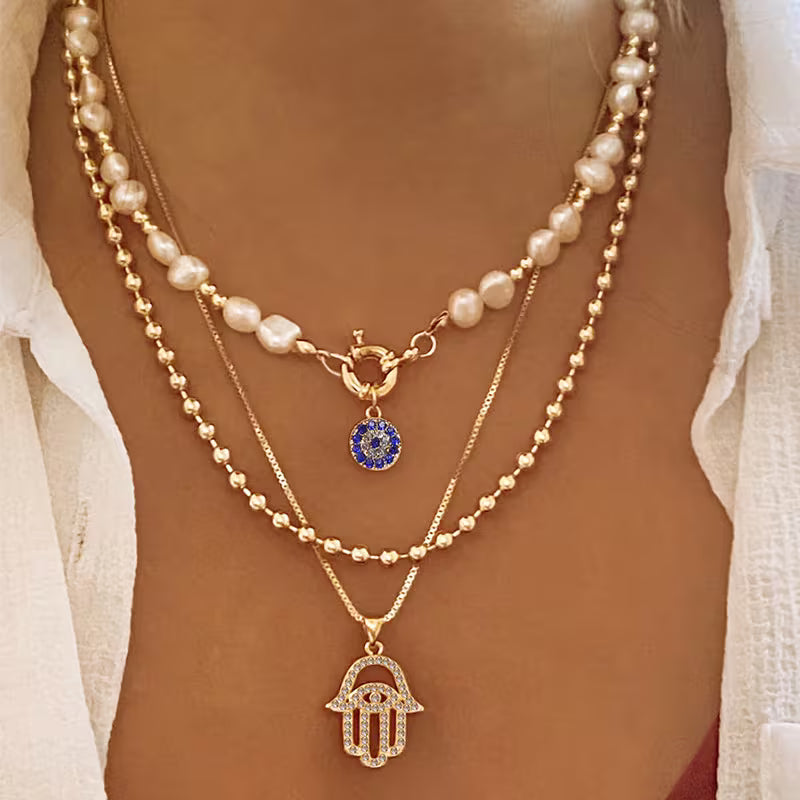Multi-Layer Women’s Necklace – Western-Style Alloy with Rhinestones, Pearl Eye &amp; Palm Pendants