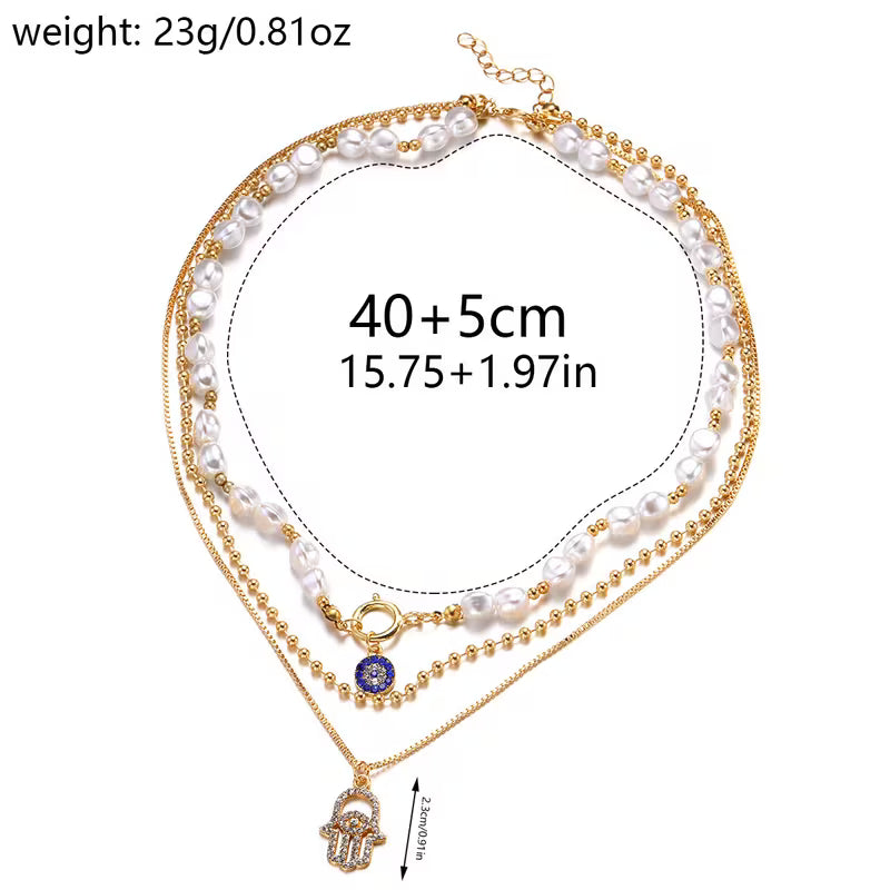 Multi-Layer Women’s Necklace – Western-Style Alloy with Rhinestones, Pearl Eye &amp; Palm Pendants