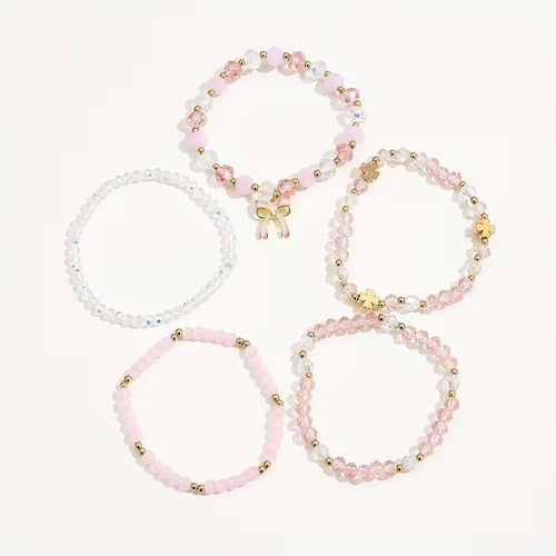 5-Piece Glass Oil Painting Pendant &amp; Pink Minimalist Bow Clover Bracelet Set