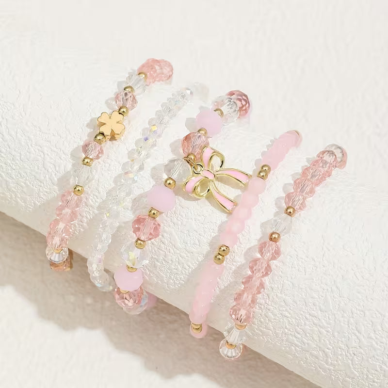 5-Piece Glass Oil Painting Pendant &amp; Pink Minimalist Bow Clover Bracelet Set